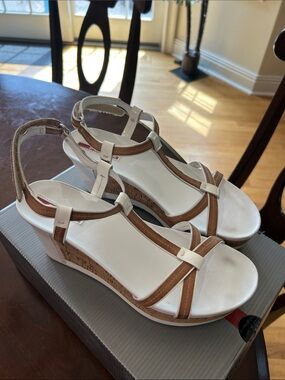 Prada White and Brown Leather Wedge Sandals Size 37.5